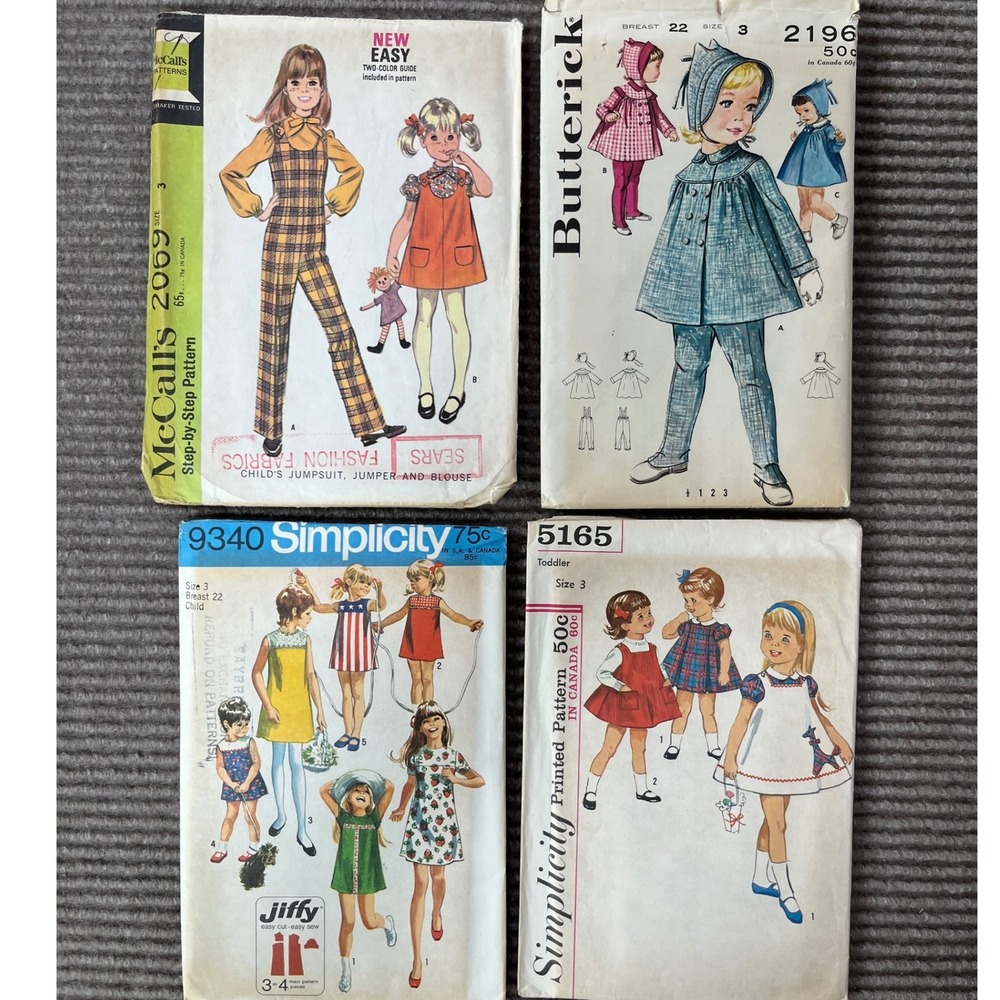 Lot 4 Vintage Sewing Patterns 1960s 1970s Toddler Girls Dress Jumpsuit Coat Sz 3